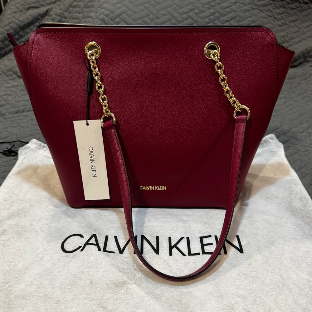 Calvin Klein Deep Red Tote with Gold Accents
